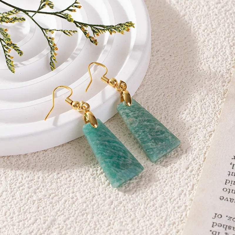 Amazonite rough stone trapezoid earrings in geometric design with gold and silver colour options