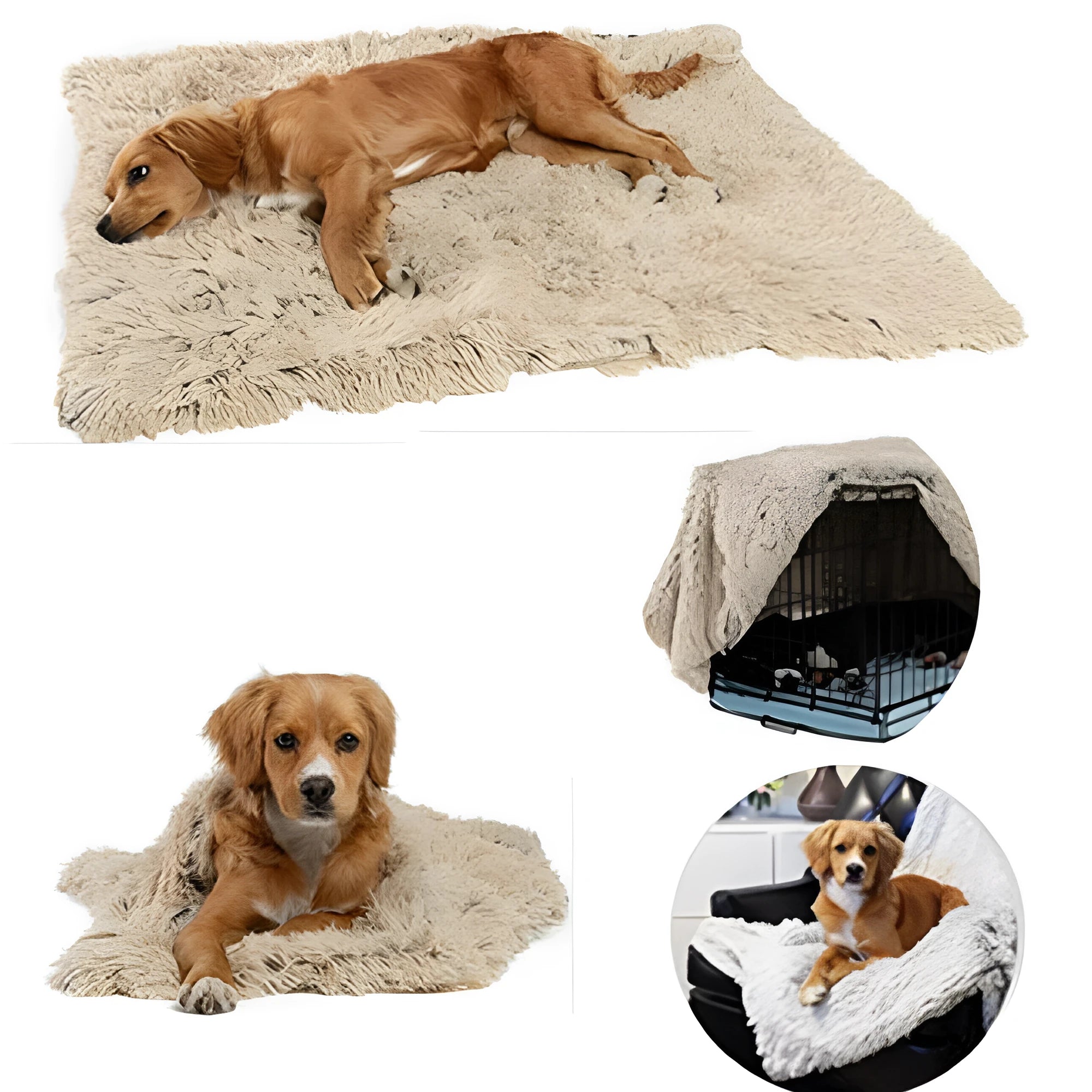 Soft grey long plush pet blanket for dogs on a wooden floor next to a kennel.