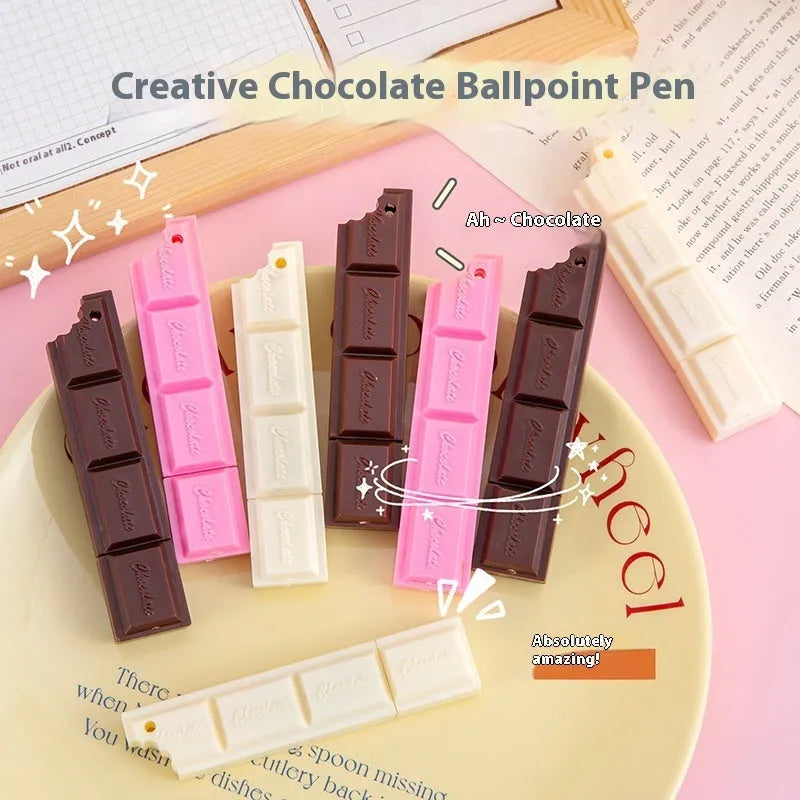 Chocolate-themed ballpoint pen with cartoon food design showing 0.5mm bullet tip