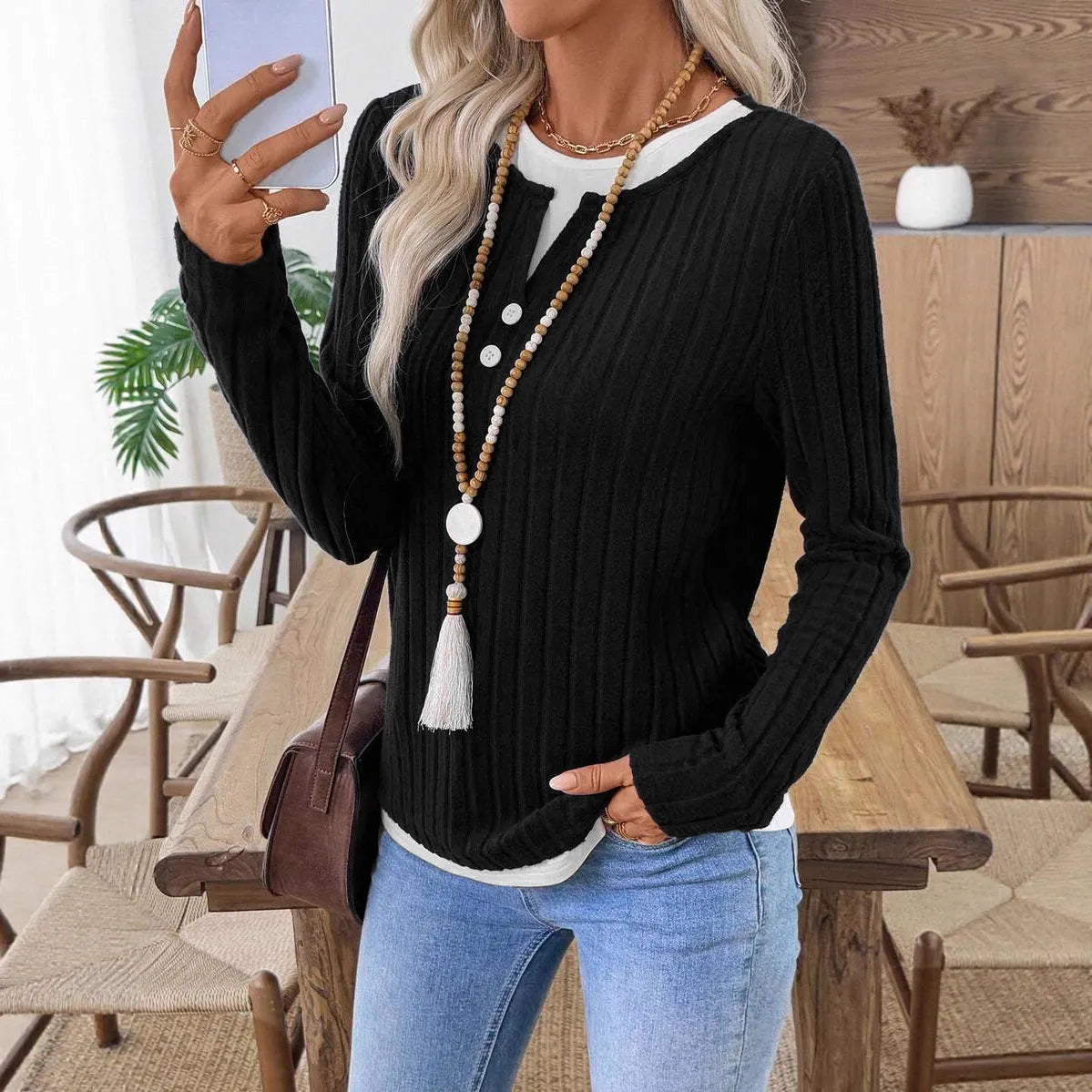 Women's fake two-piece round neck pullover sweater with button details in concave stripe polyester fabric