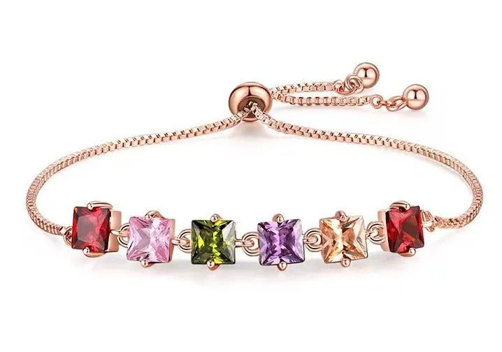 Copper geometric bracelet with inlaid zircon and glass stones for women in water drop diamond shape