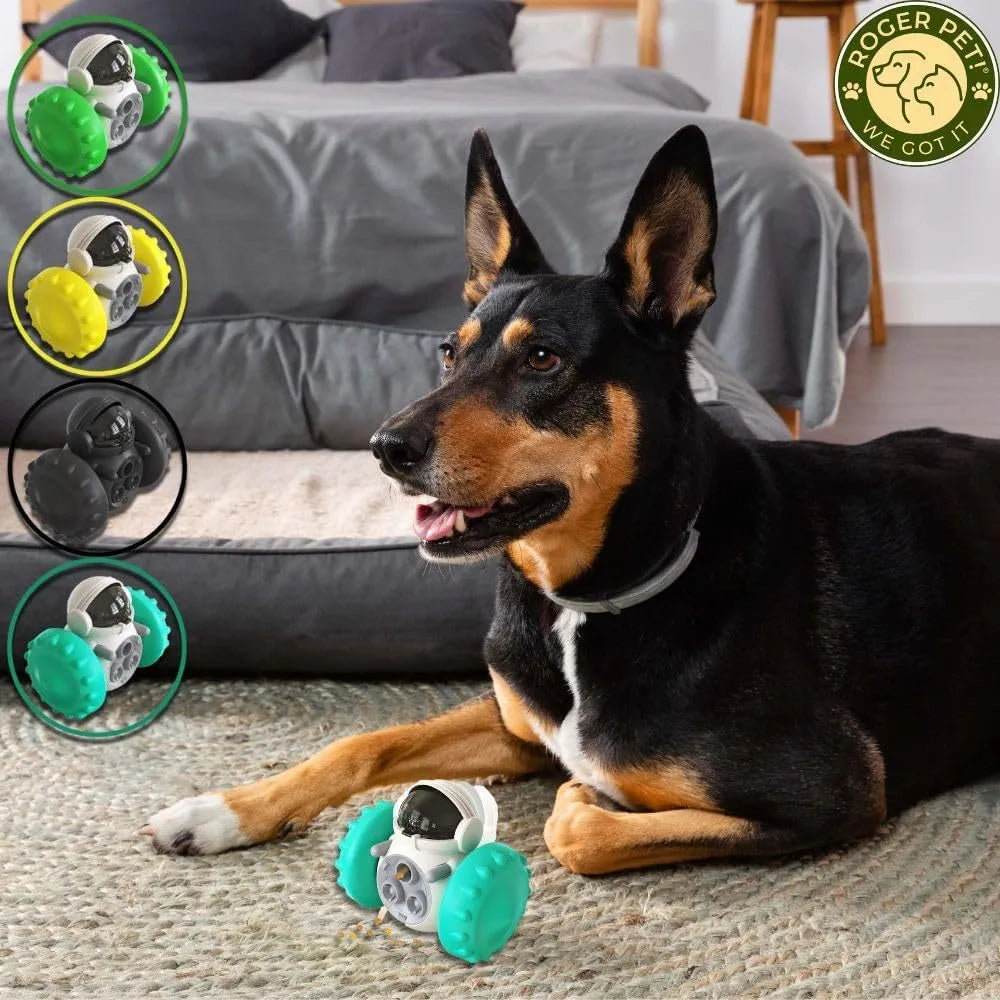 Robot-shaped tumbler pet treat dispenser toy in assorted colours for small dogs and cats