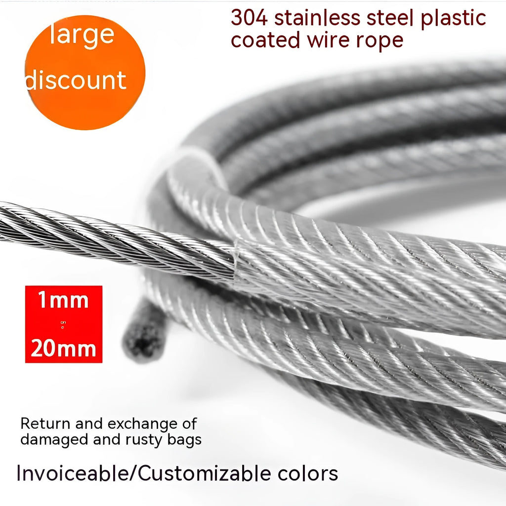 Coiled 304 stainless steel multi-strand security wire rope on a white background.