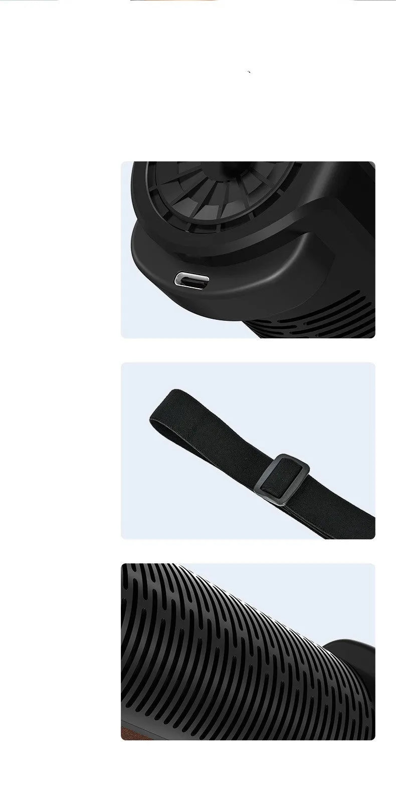 Bladeless car mounted fan with USB power cable and three speed buttons in compact black housing