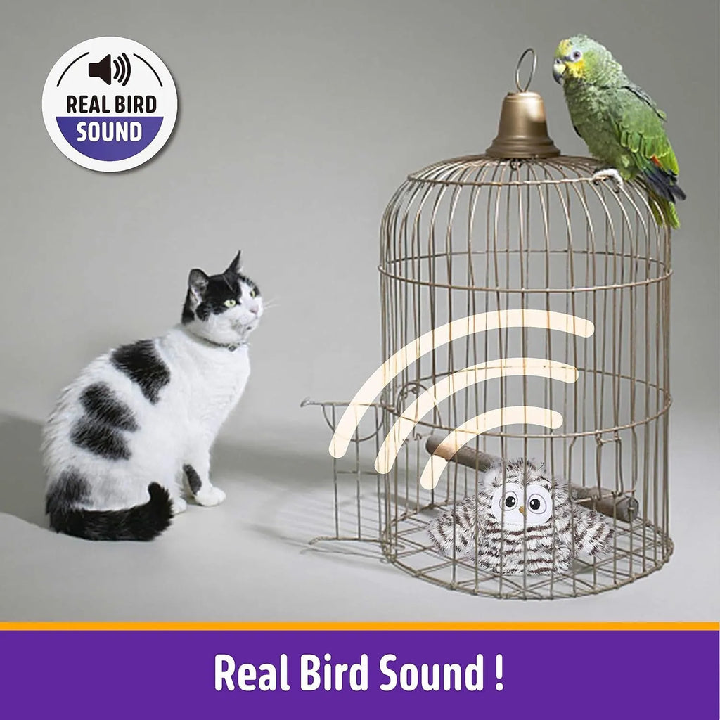 Grey automatic owl cat toy with flapping wings and USB charging cable