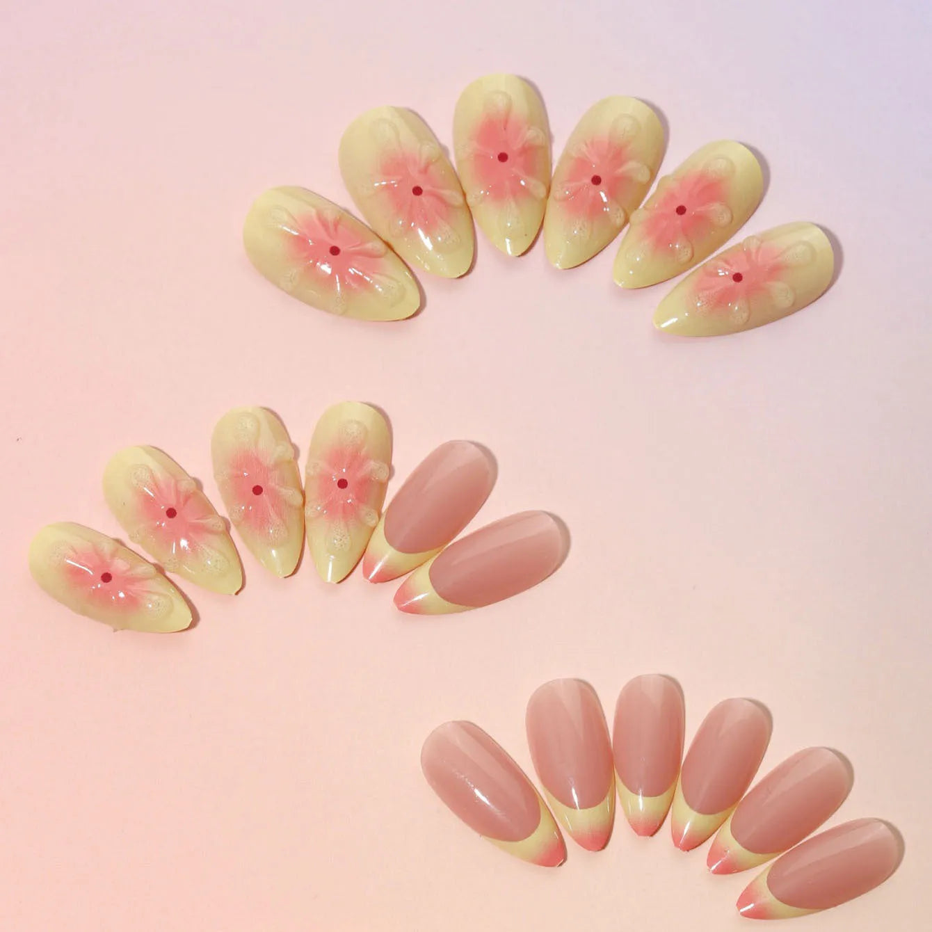 Simple fake nails with raised 3D cartoon flower design in TY-318 colour, shown with jelly glue tube and filing strip.