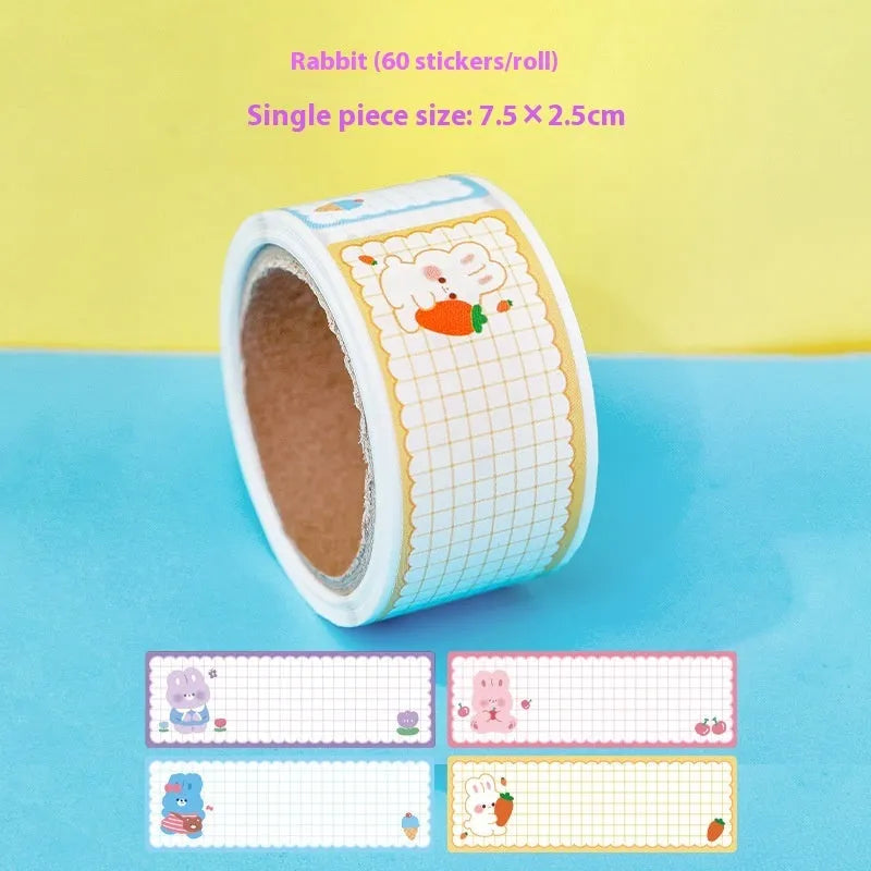 Cartoon tape name stickers in dinosaur, astronaut, rabbit and girl designs with 60 stickers per roll