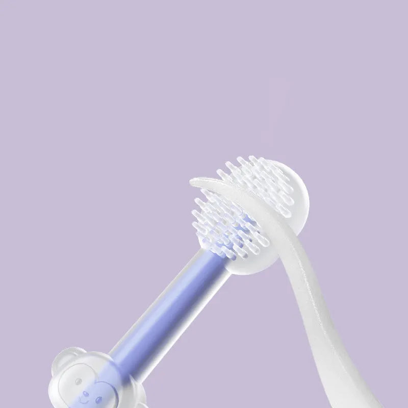 Soft silicone pet toothbrush for dogs and cats in purple, blue, and green colours with curved handle
