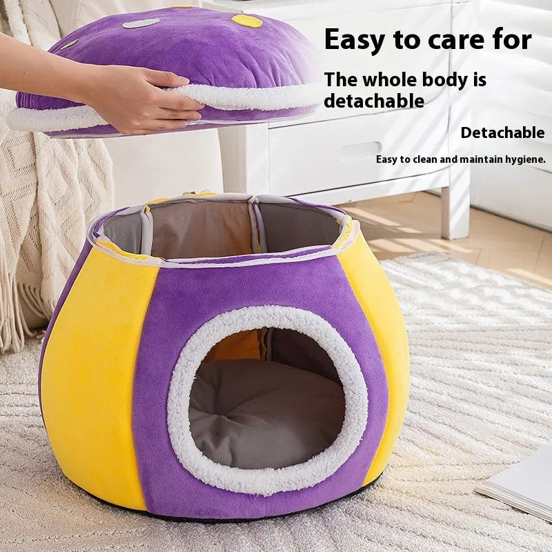 Mushroom-shaped cat bed with detachable plush blanket in grey, pink or purple colour
