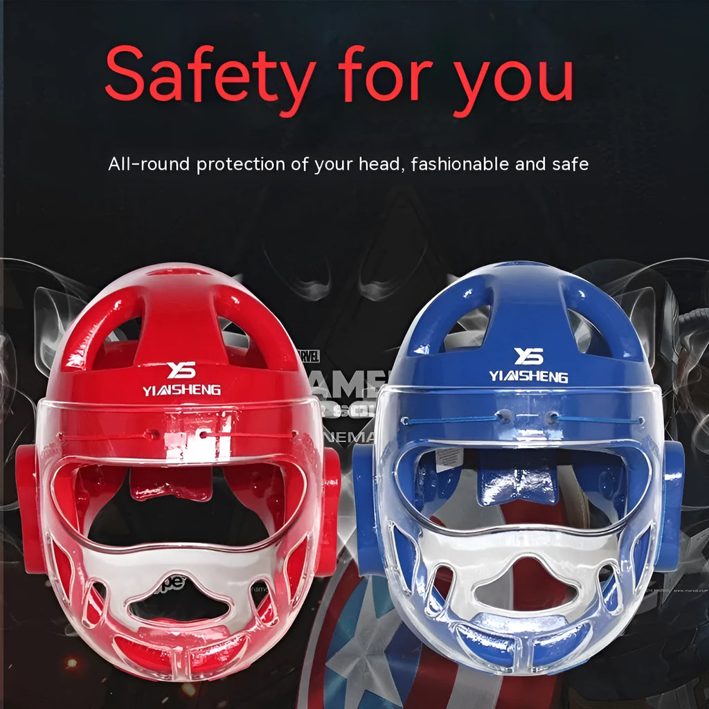 A karate helmet for boxing head protection, shown in white, blue, and red colour options.