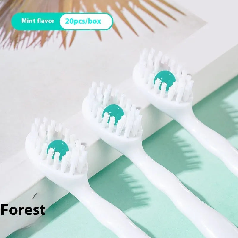 Box of 20 disposable mint flavour bead toothbrushes for portable oral care.
