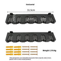Black ABS plastic wall-mounted fishing rod storage rack shown in vertical and horizontal styles