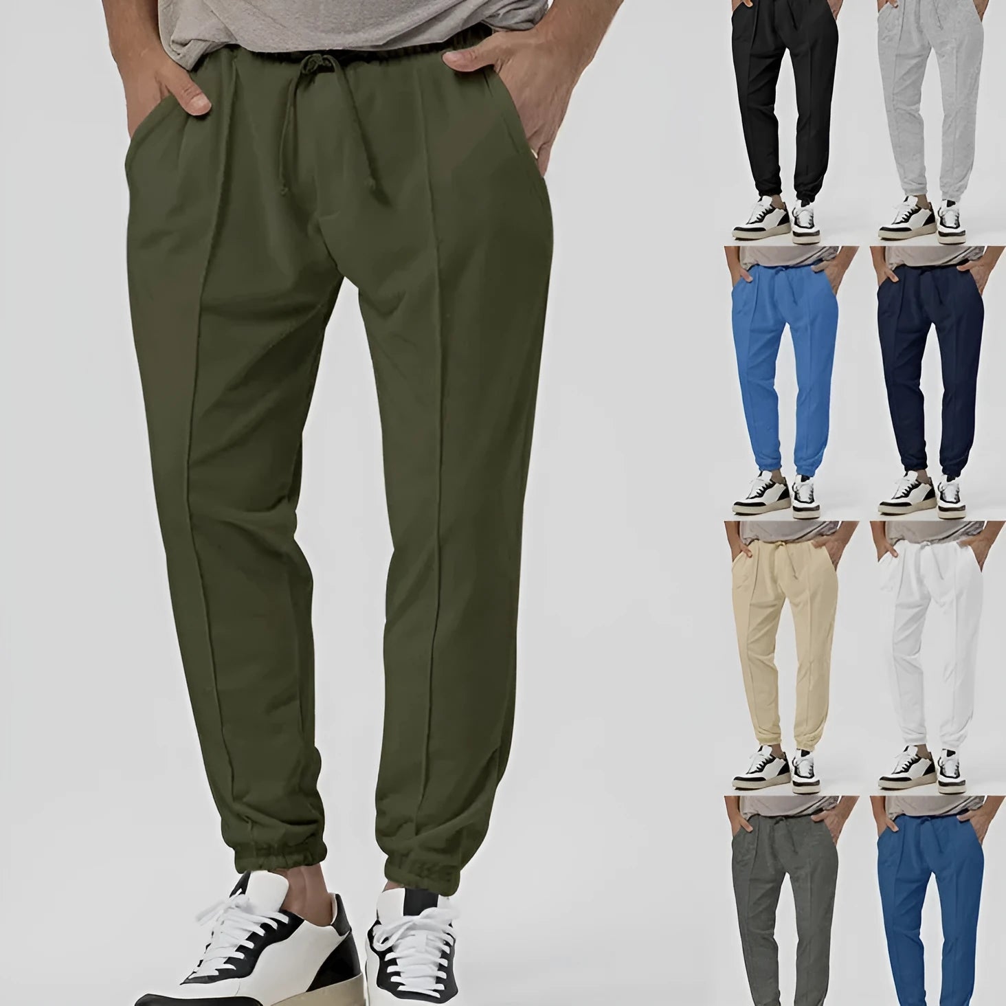 Men's grey cotton blend straight-leg track sweatpants with a tapered fit and elasticated waist.