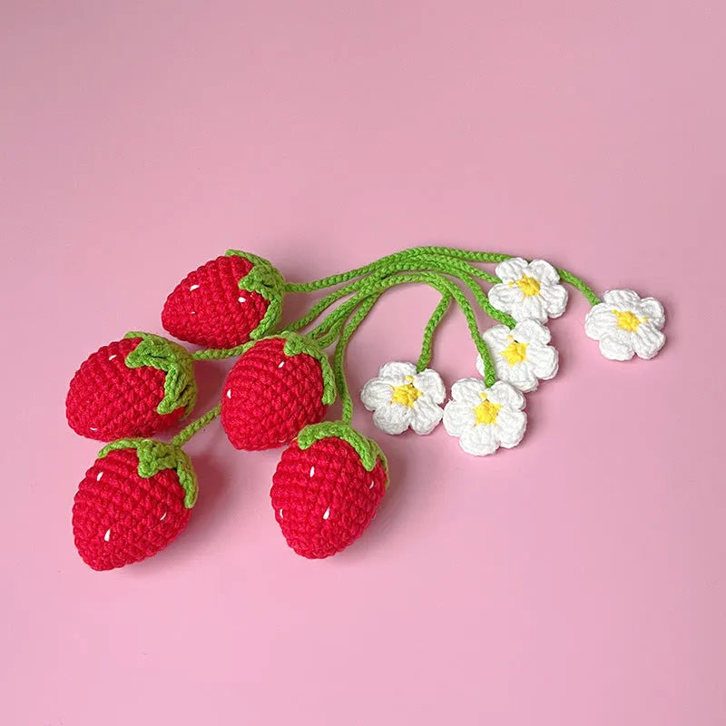 Handmade wool crochet woven strawberry pendant on 35cm cord, available in red or pink colours