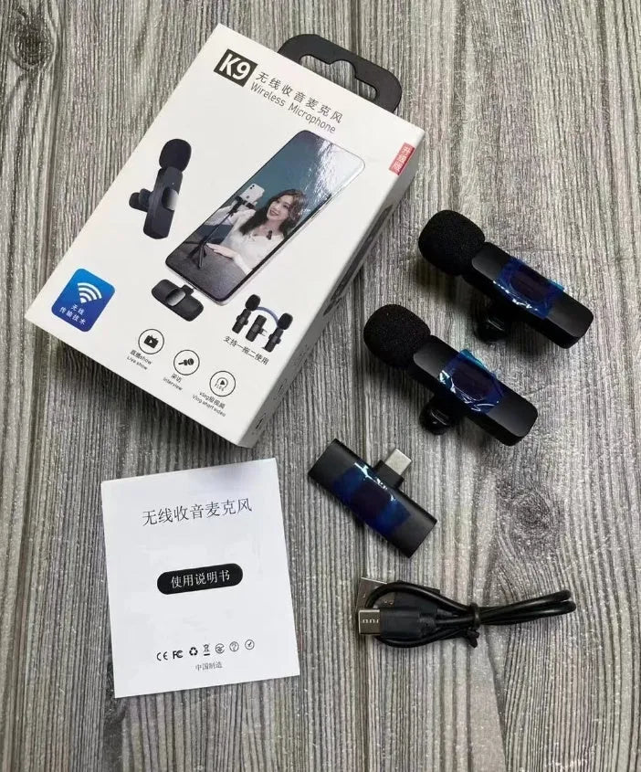 Wireless collar clip microphone for smartphones, showing clip design and available connection options.