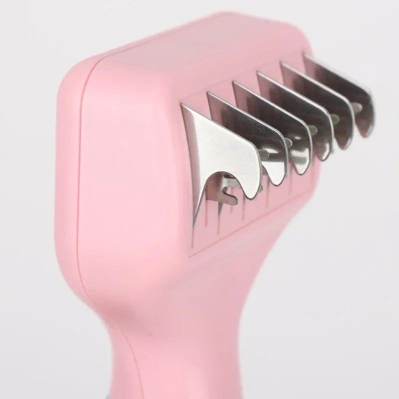 Pink pet grooming comb with stainless steel knot knife and massage brush tips measuring 170mm