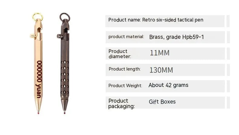 Brass hexagonal bolt pen with 0.5mm tip showing hexagonal profile and signature roller mechanism
