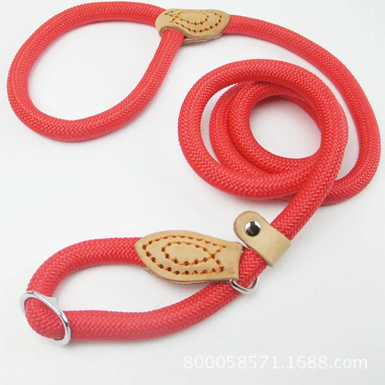 Brown nylon P chain dog leash held in a hand, showing its full 2.1 metre length.