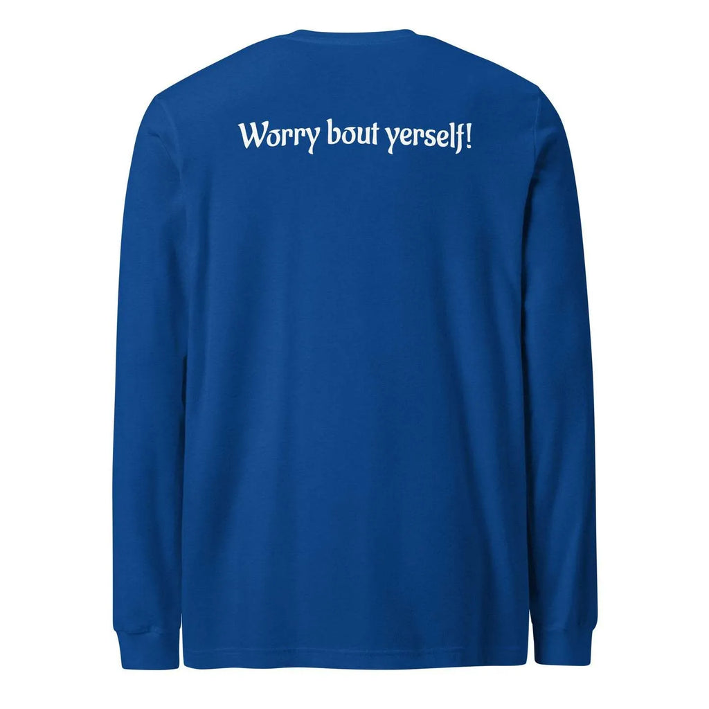 Blue men's loose round neck casual sweater with printed letter patterns on the front.
