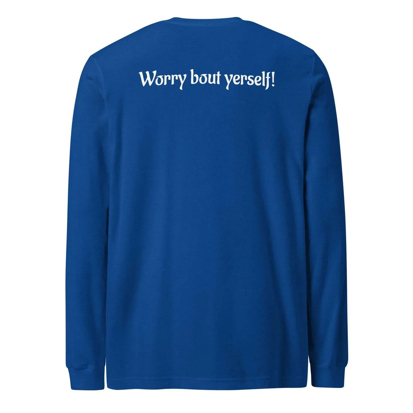 Blue men's loose round neck casual sweater with printed letter patterns on the front.