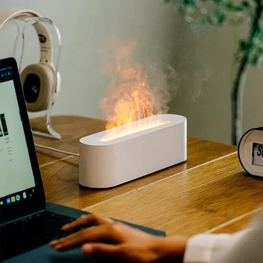 Square black desktop aroma diffuser and humidifier with creative lava flame lighting effect.