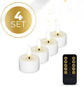 Four white LED tealight candles showing flameless illumination