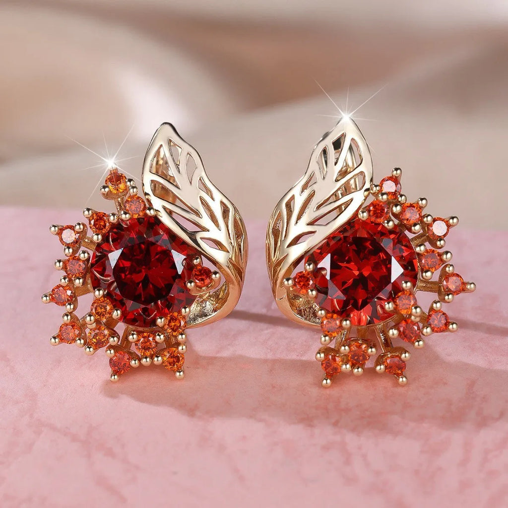 Round flower feather earrings with zircon crystals in electroplated champagne gold colour