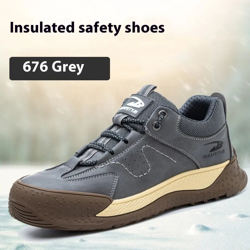 Flyknit safety work shoes with leather upper and rubber sole in multiple colours
