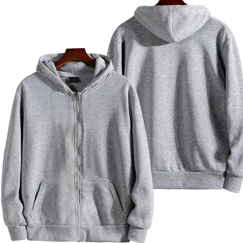 Men's solid colour loose sports zip jacket in polyester-spandex fabric showing zip front and cardigan style