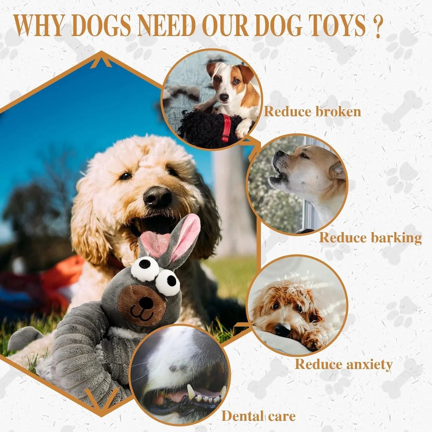 Brown, grey, and yellow plush dog toys with squeaker and crinkle sound features
