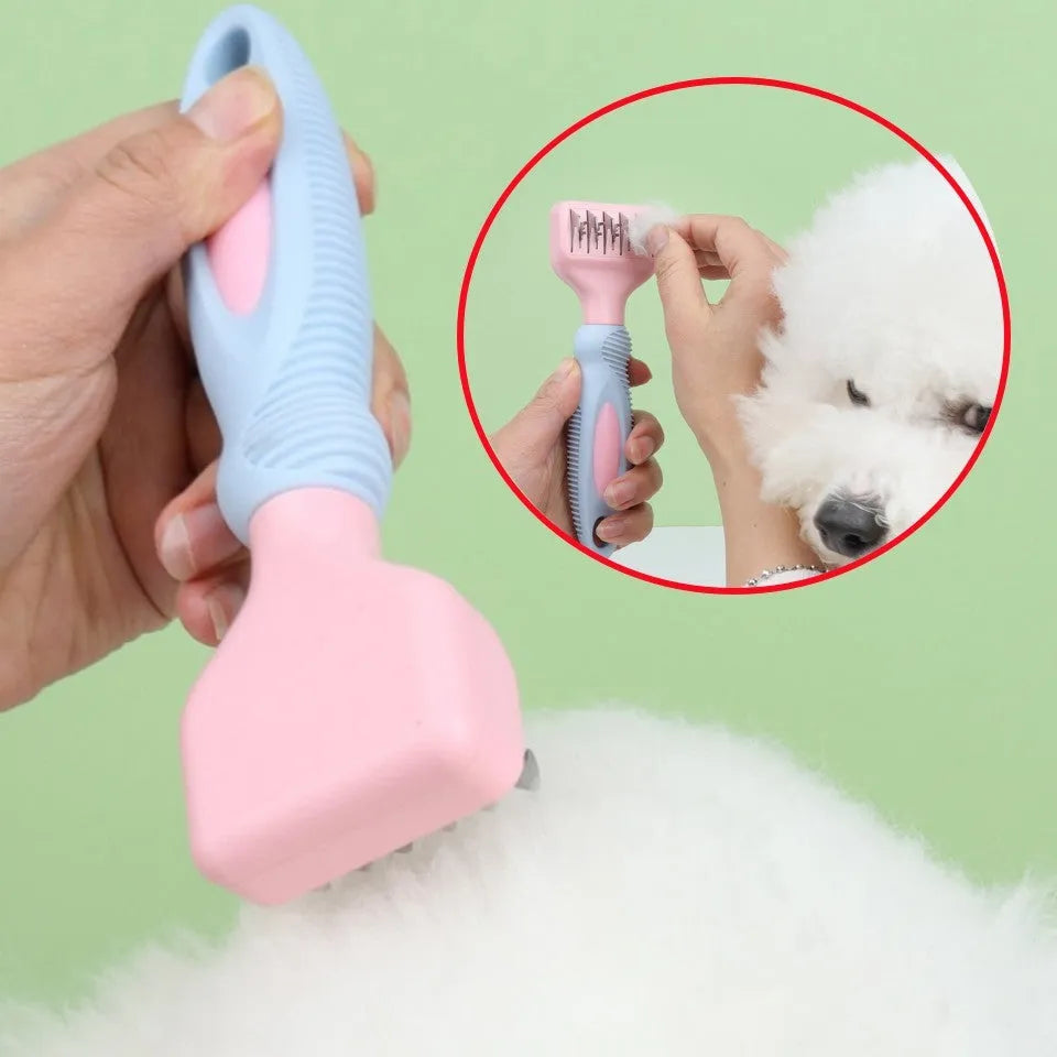 Pink pet grooming comb with stainless steel knot knife and massage brush tips measuring 170mm