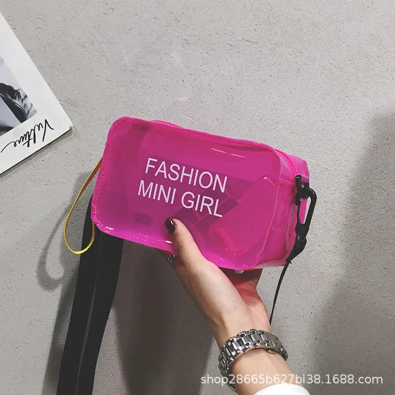 Transparent square jelly shoulder bag with adjustable strap showing mobile phone compartment