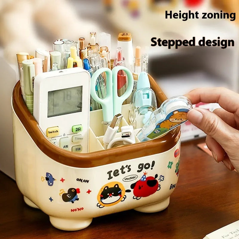 Red and brown cartoon-style plastic desktop storage organiser with grid compartments.