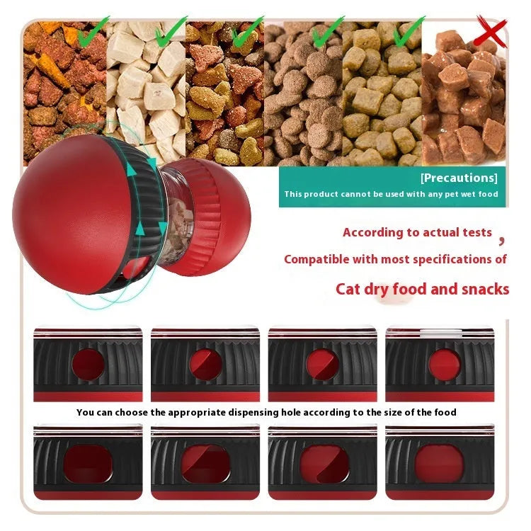 Rotating plastic cat toy ball with food dropping mechanism in super ball colour