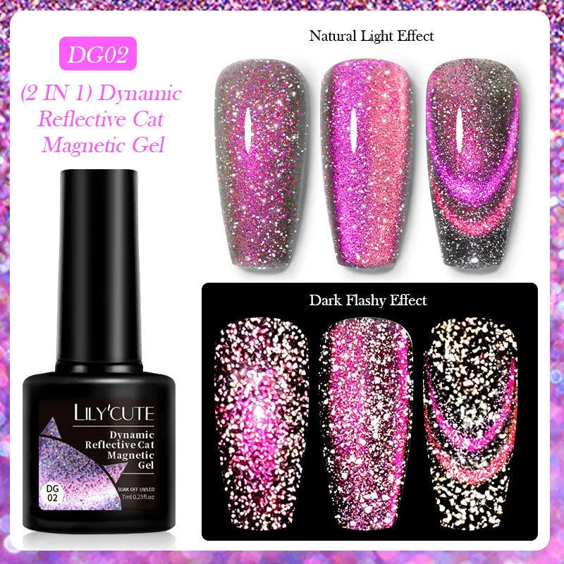 Cat eye effect nail polish gel bottle with diamond glitter in one of six colour styles