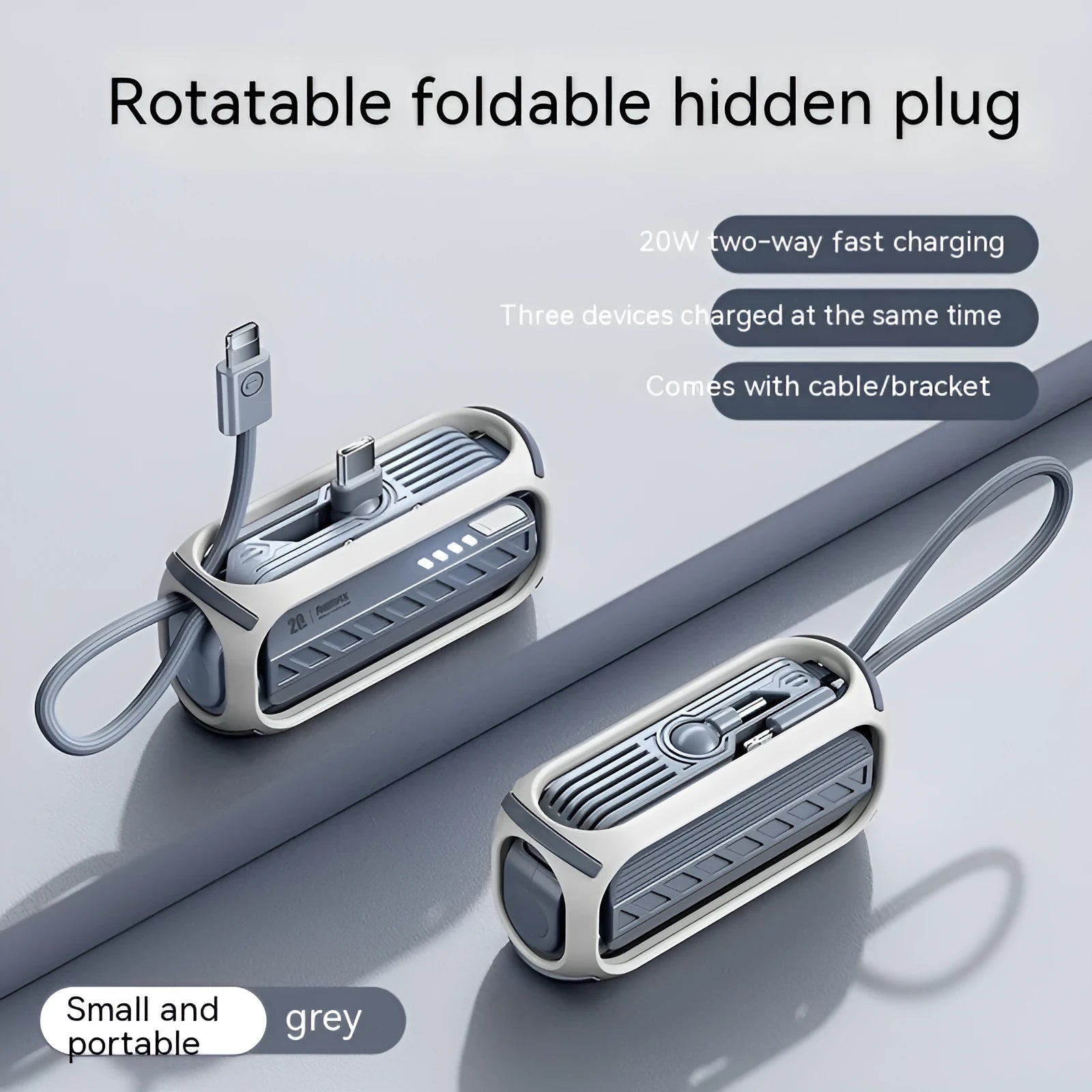 Capsule 20W fast charge folding bracket 5000mAh mini power bank in grey with built-in cables