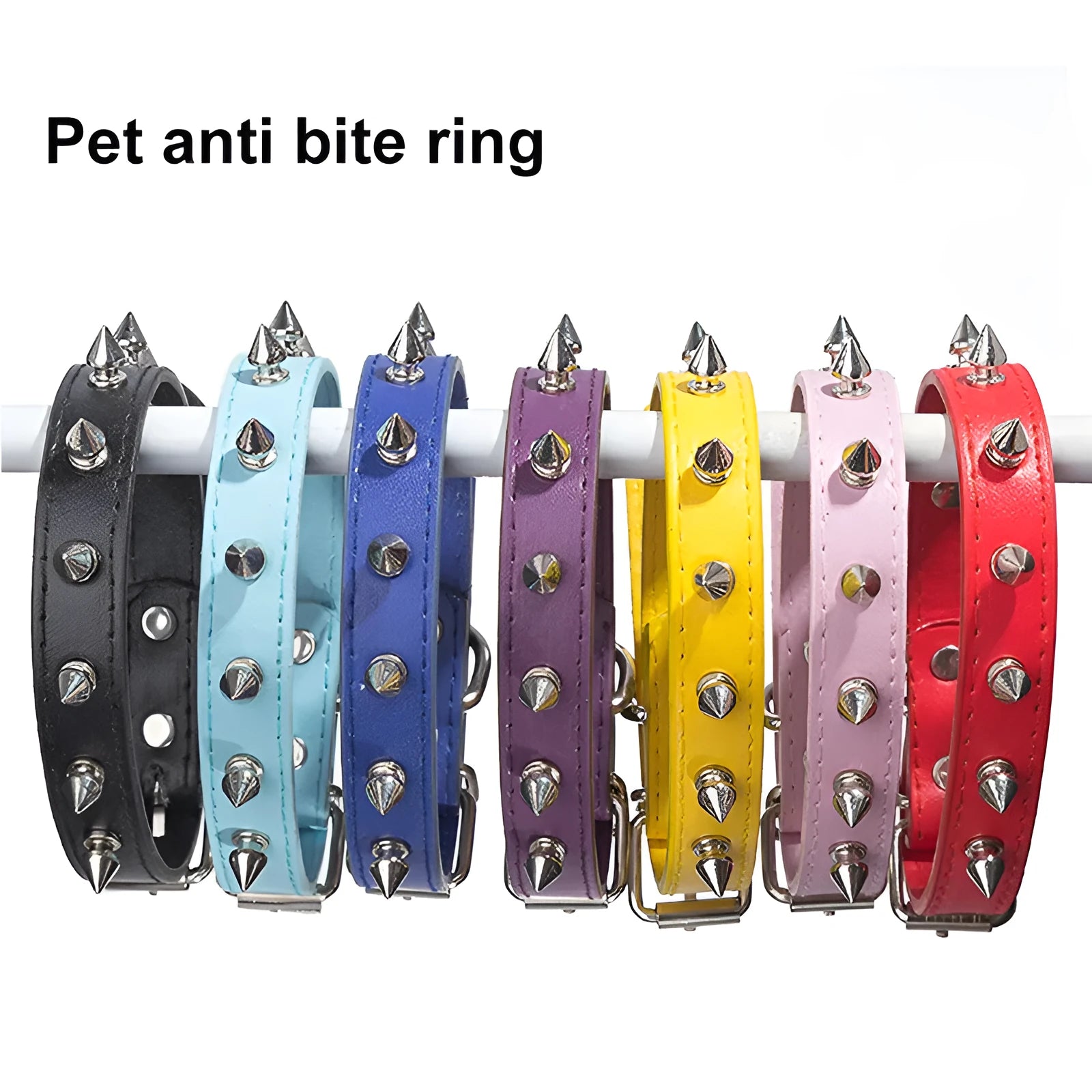 Spiked dog collar in thickened PU leather with metal studs, shown with alloy buckle, in one of six available colours.