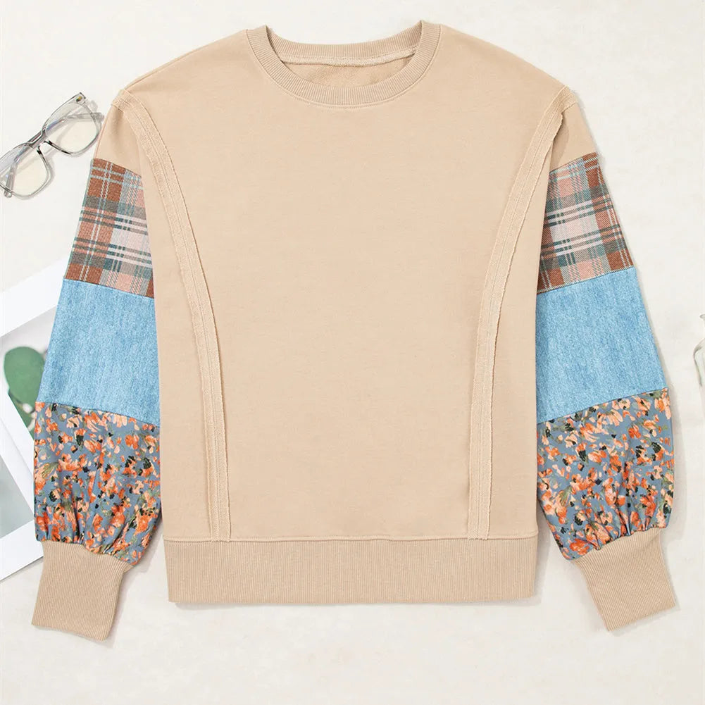 Women's plaid long-sleeved polyester pullover top in loose Japanese Korean style