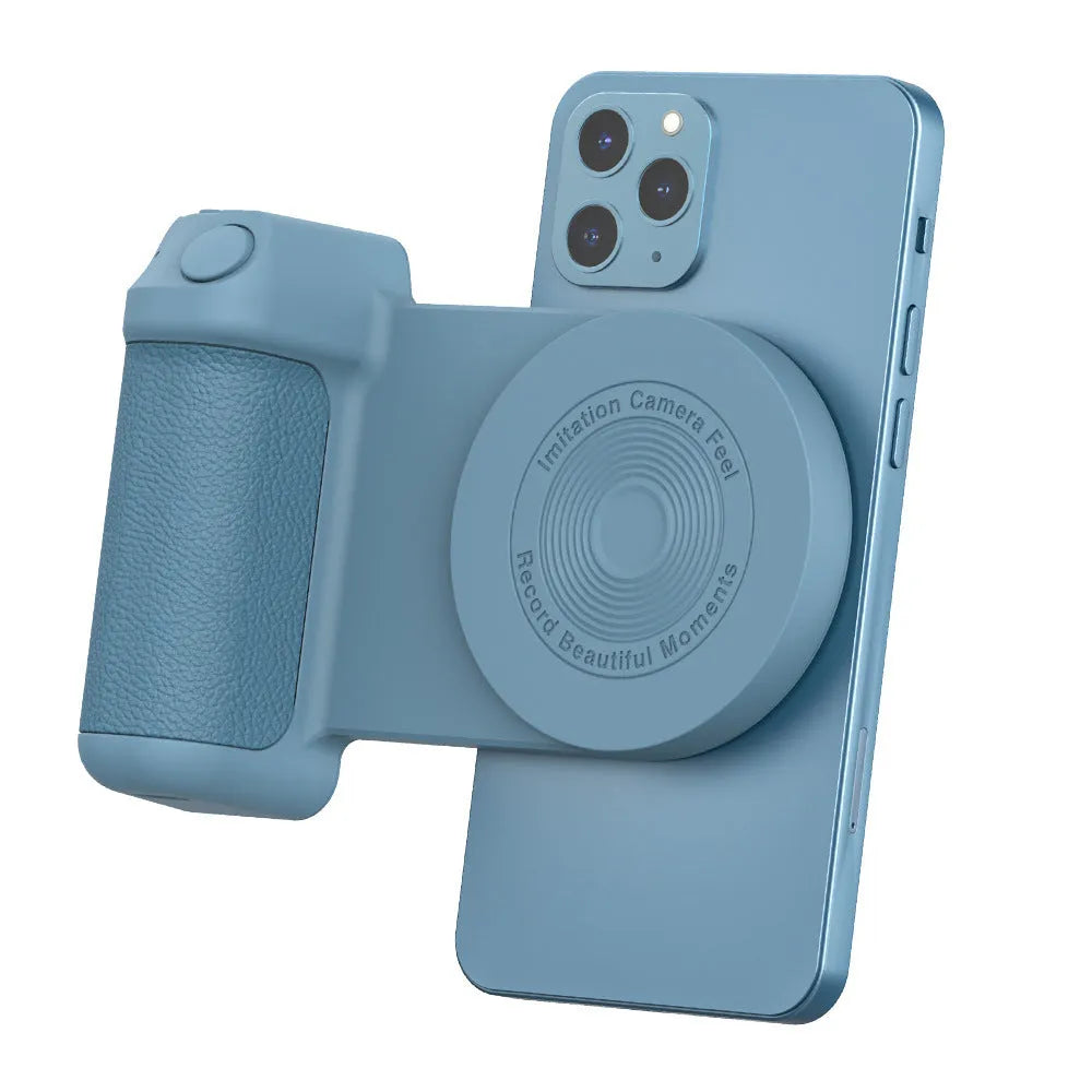 Black magnetic camera handle bracket for smartphone photography with rotatable design and ergonomic grip