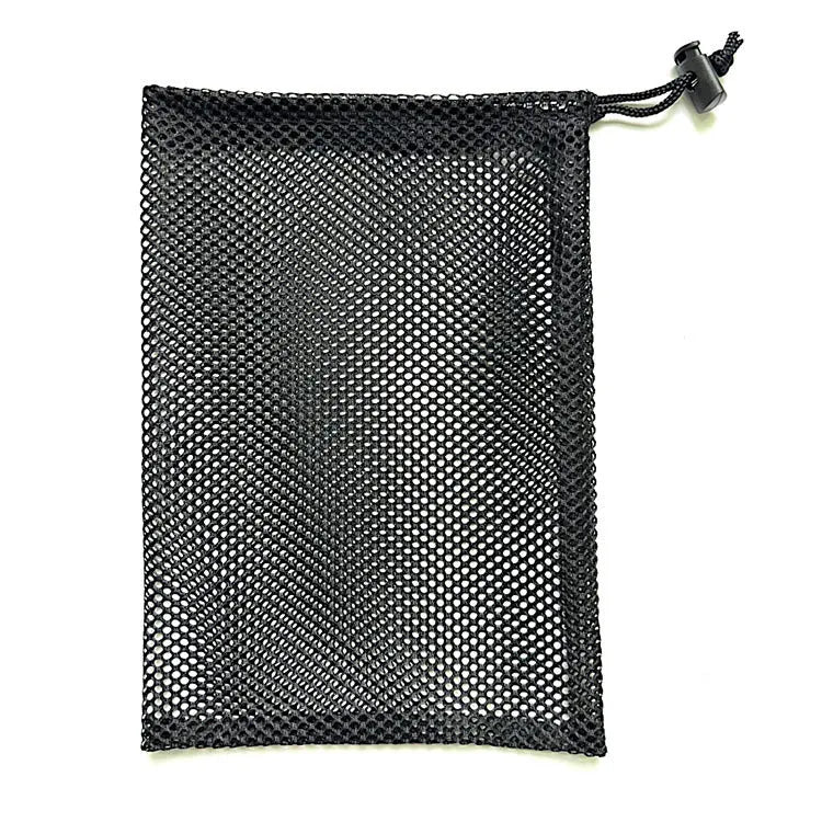 Black drawstring mesh storage bag showing grid fabric and three size options for toy organisation.
