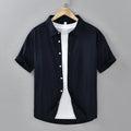 Mens summer short-sleeved cotton shirt in light gray, loose fit cardigan style