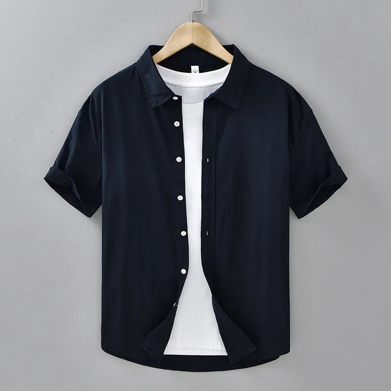Mens summer short-sleeved cotton shirt in light gray, loose fit cardigan style