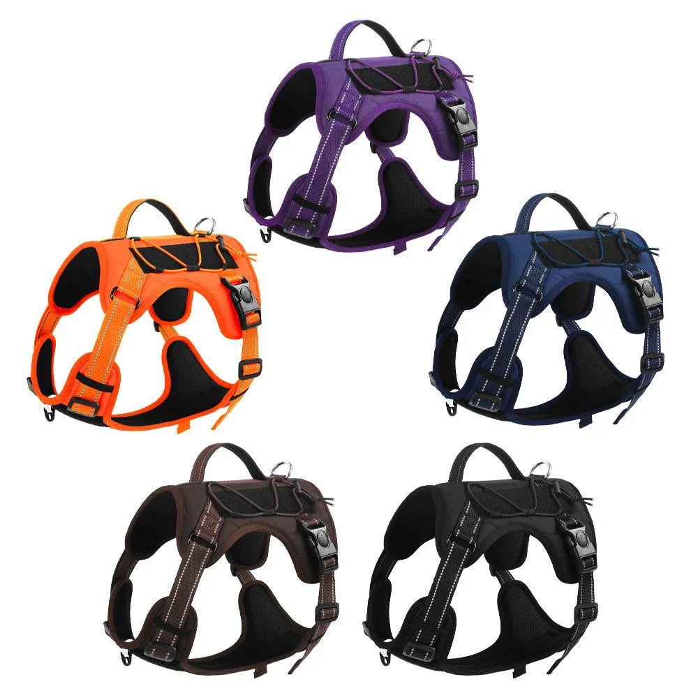 Reflective explosion-proof dog harness vest with hand-holding rope in orange, black, navy blue, brown, or dark purple colour options