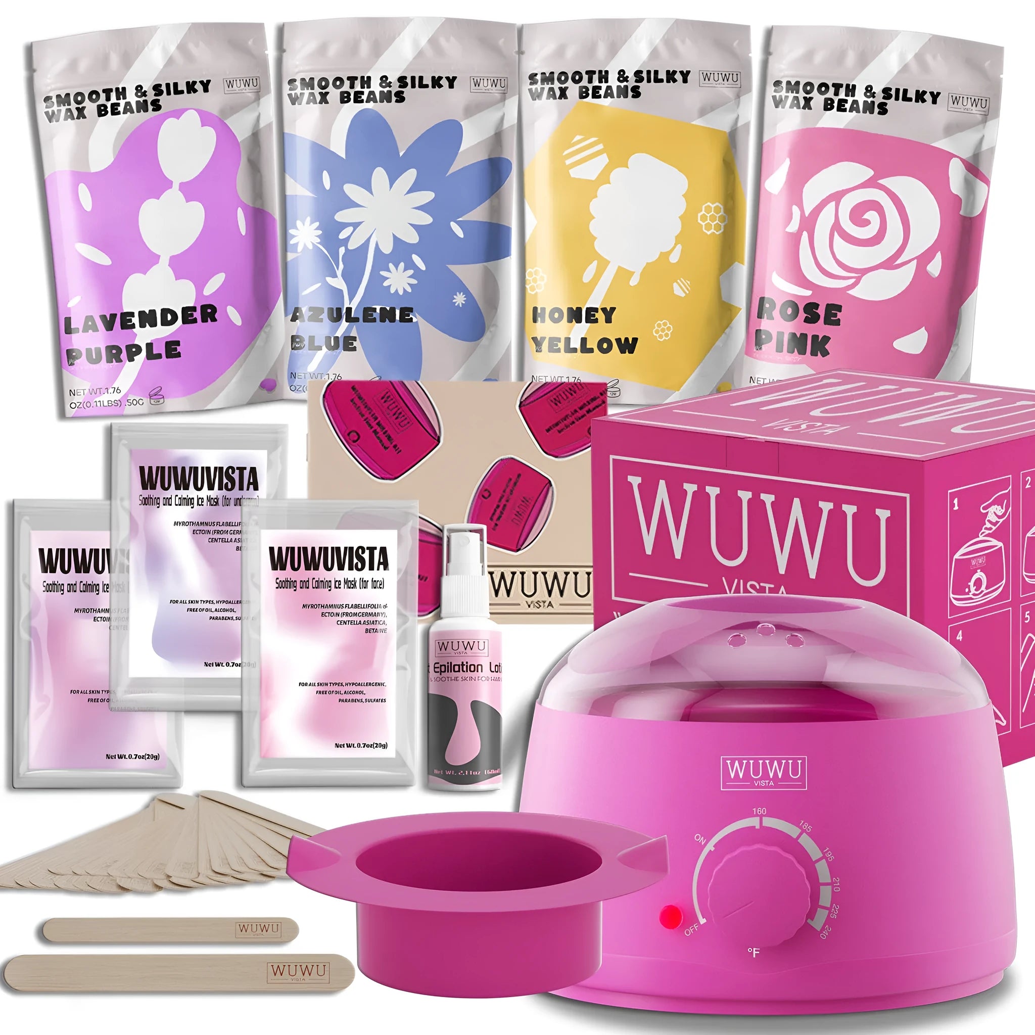 Hard wax kit with pink warmer, wax beans, applicators, aftercare lotion and cooling masks