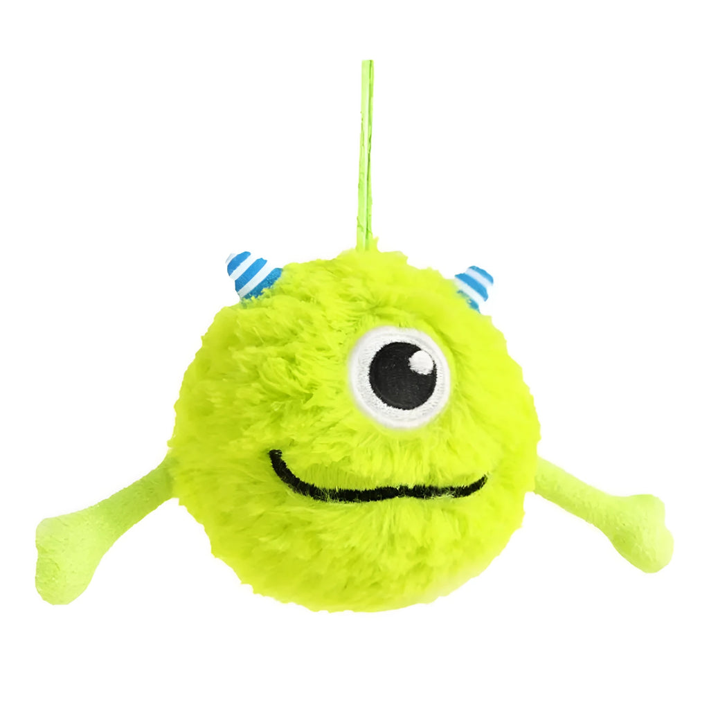 Green interactive sound dog teething ball toy approximately 12cm diameter made from plush and TPR materials