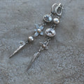 Geometric antique silver earrings with long rhinestone XINGX pendant