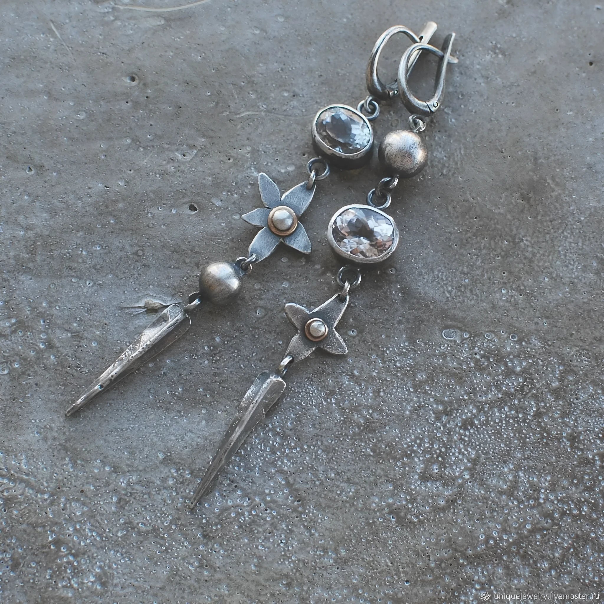 Geometric antique silver earrings with long rhinestone XINGX pendant
