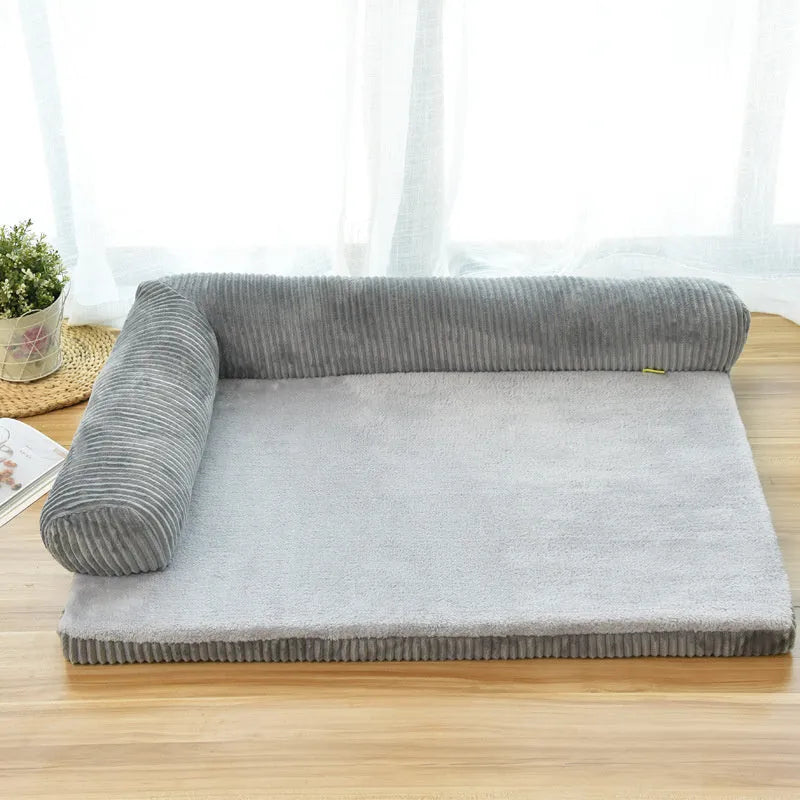 Corduroy dog bed sofa showing coffee colour option with non-slip base and four size variations