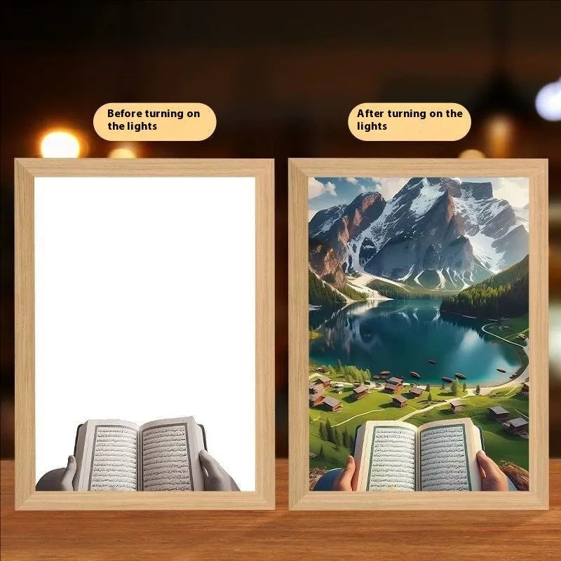 Modern rectangular LED light painting frame showing a sea and home scene on a wall.