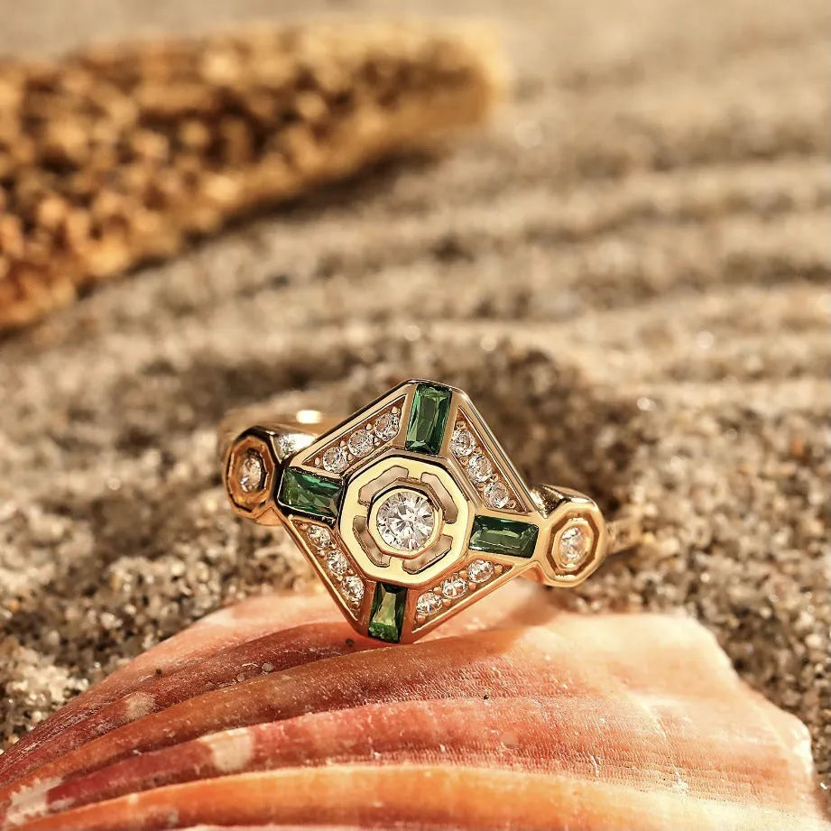 Square geometric emerald diamond ring in lvzuan colour with Ins style design